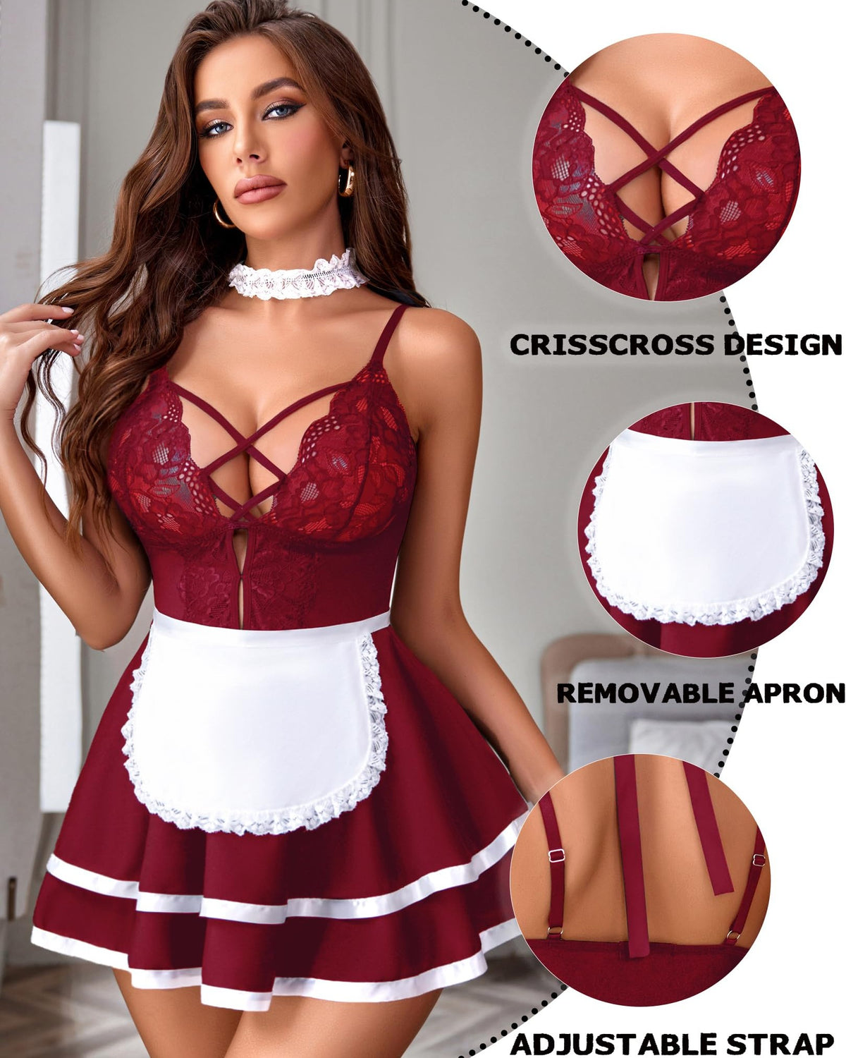 Burgundy Lace Maid Lingerie Costume Set